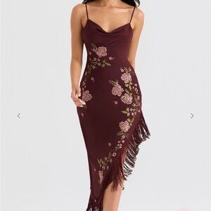 House of CB Burgundy Asymmetrical Dress with Floral Design-Eloisa